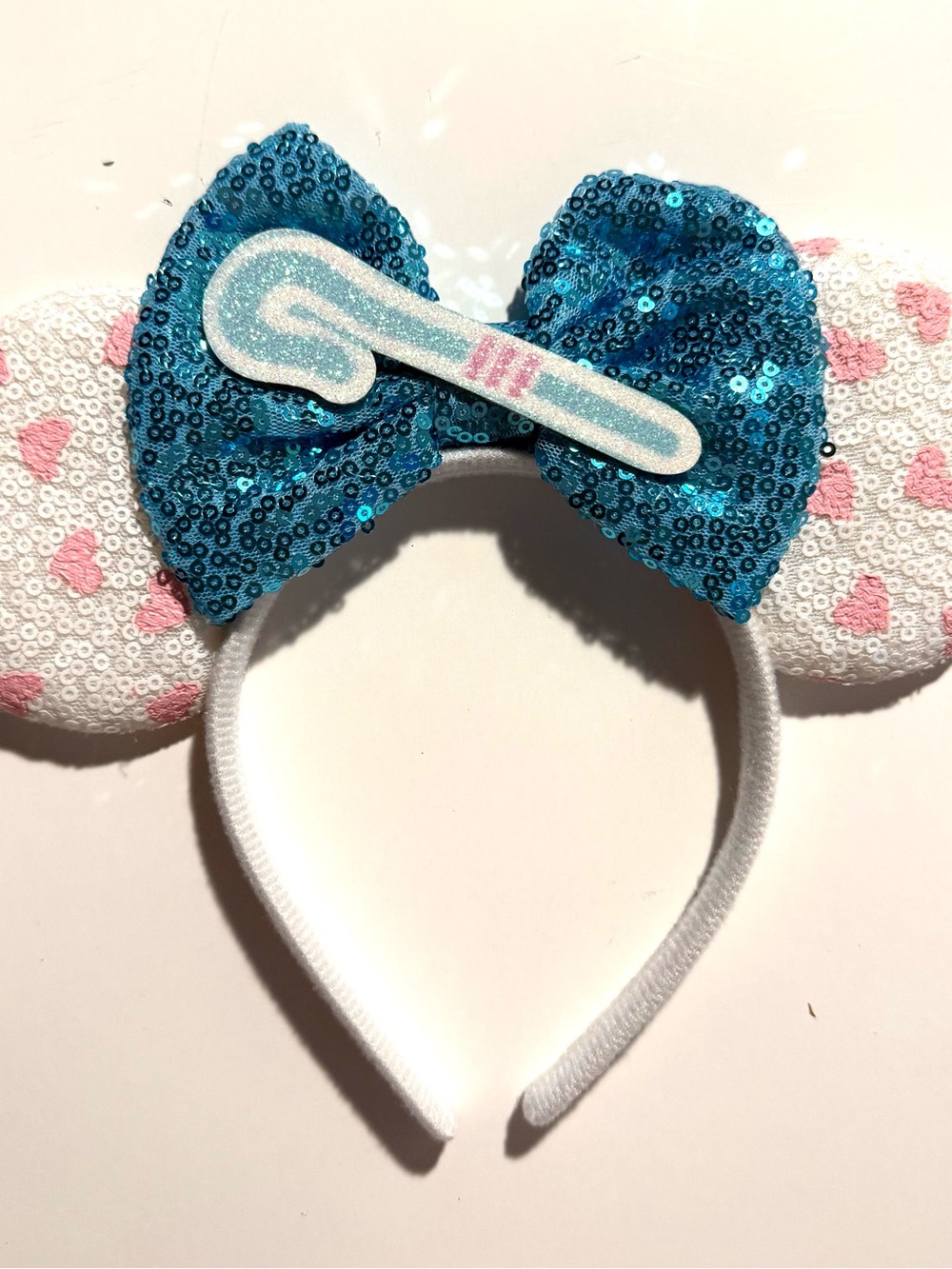 Bo Peep Blue Bow Kids Headband with Pink Heart Ears